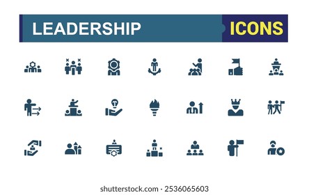 Führende solide Icons Sammlung. Umfasst eine flache solide Verantwortung, Diskussion, Leiter, Ausbilder, Organisation, Geschäftsleitung und mehr. Einfache Web-Icons gesetzt. Vektorgrafik.