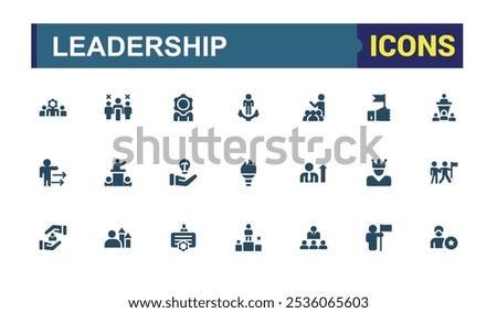 Leadership solid icons collection. Includes flat solid responsibility, discussion, leader, instructor, organization, executive and more. Simple web icons set. Vector illustration.