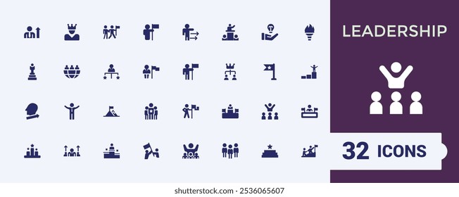Leadership solid web icon set. Contains related to organization, discussion, expertise, responsibility, coaching, delegation and more. Pixel perfect. Editable glyph. Vector illustration.