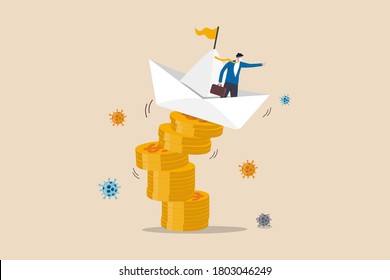 Leadership to solve business and finance problem in Coronavirus COVID-19 crisis concept, businessman leader command unstable origami boat on stack of dollar money coins with Coronavirus pathogen.