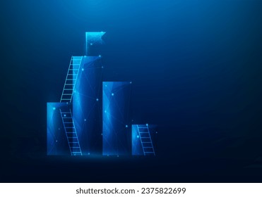 leadership stair to target success and flag on top. business strategy achievement step to goal target. vector illustration low poly fantastic design. mission digital technology on blue background.