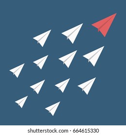 Leadership, stand out of the crowd concept. Red paper airplane as a leader among others white. Vector