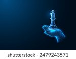 Leadership, strategic thinking, foresight futuristic concept with hand holding king chess piece on dark blue background. Glowing low polygonal style. Modern abstract connect design vector illustration