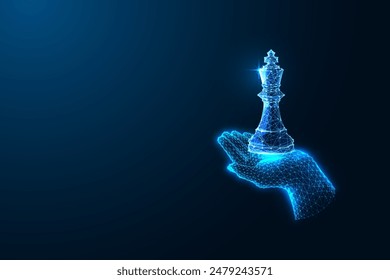 Leadership, strategic thinking, foresight futuristic concept with hand holding king chess piece on dark blue background. Glowing low polygonal style. Modern abstract connect design vector illustration