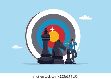 Leadership strategy to success, planning or tactic to reach business goal, challenge, analysis or opportunity to achieve target concept, businessman think with king, knight chess piece for next move.