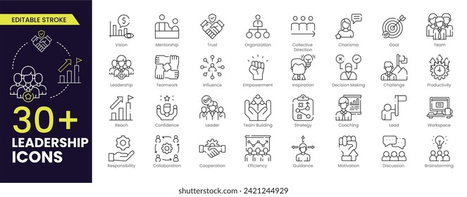 Leadership Stroke icon set. Containing leader, vision, guidance, mentorship, coaching, influence, charisma, challenge, lead and more. Vector illustration. Editable outline icons collection.