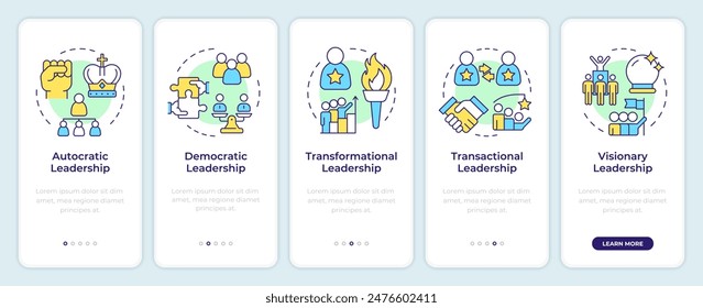 Leadership styles onboarding mobile app screen. Walkthrough 5 steps editable graphic instructions with linear concepts. UI, UX, GUI template. Montserrat SemiBold, Regular fonts used