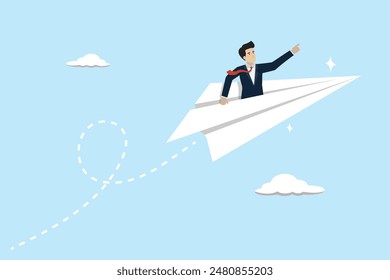 Leadership success to achieve goals, aspirations to drive company concept, career opportunities, businessman riding a flying paper plane to success.