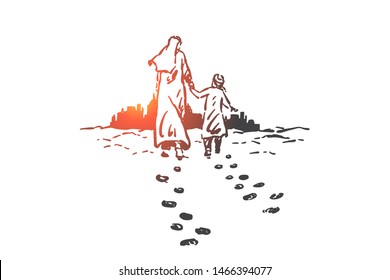 Leadership, Success, Arab Business People, Family Concept Sketch. Man From Saudi Arabia In Hijab Barefoot Walking On Sand To Big City With Son And Leaving Foodprints. Hand Drawn Isolated Vector