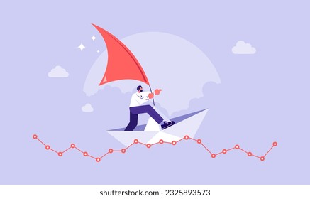 Leadership to success business, investment volatility metaphor, financial stock market fluctuation rising up and falling down concept, investors standing in paper boat on fluctuated market chart