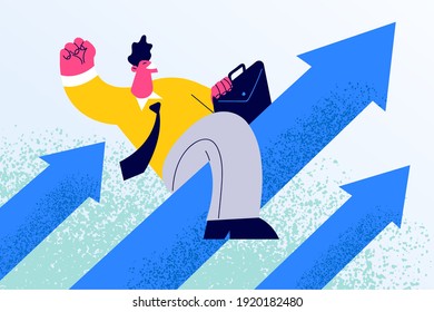 Leadership, success, career ladder concept. Businessman cartoon character sitting on arrow up moving up ladder achieving goals in business in work vector illustration