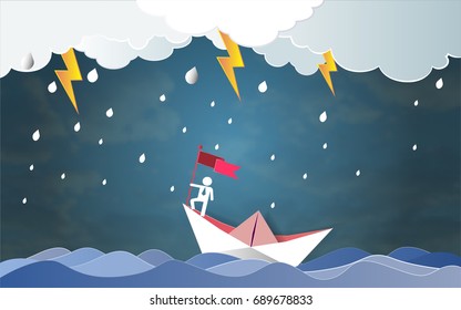 Leadership Success Concept, Man On Top Holding Flag With Boat Against Crazy Sea And Thunderbolt In Storm, Symbol Of Success, Achievements In Business Life, Vector Illustration Paper Art Style.