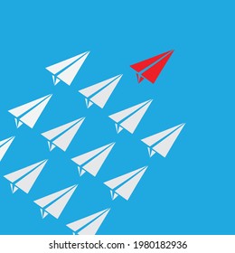 leadership success concept paper plane fly on blue background. leadership concept. business teamwork team leader. flat style.