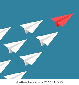 Leadership success concept paper plane fly. Lead airplane stand out of other paper plane follower. New idea, courage, new thinking, creative decision, think differently. Vector illustration