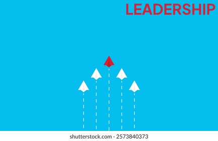 Leadership success concept paper plane fly over blue background. New idea, courage, new thinking, creative decision, think differently. Lead airplane stand out of other paper plane follower