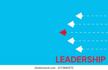 Leadership success concept paper plane fly over blue background. New idea, courage, new thinking, creative decision, think differently. Lead airplane stand out of other paper plane follower