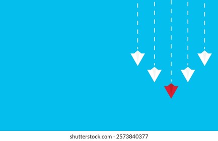 Leadership success concept paper plane fly over blue background. New idea, courage, new thinking, creative decision, think differently. Lead airplane stand out of other paper plane follower