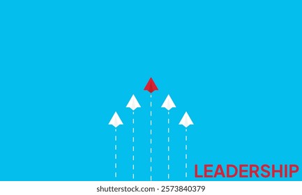 Leadership success concept paper plane fly over blue background. New idea, courage, new thinking, creative decision, think differently. Lead airplane stand out of other paper plane follower