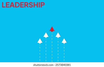 Leadership success concept paper plane fly over blue background. New idea, courage, new thinking, creative decision, think differently. Lead airplane stand out of other paper plane follower