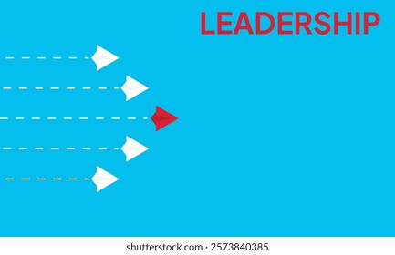 Leadership success concept paper plane fly over blue background. New idea, courage, new thinking, creative decision, think differently. Lead airplane stand out of other paper plane follower