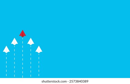 Leadership success concept paper plane fly over blue background. New idea, courage, new thinking, creative decision, think differently. Lead airplane stand out of other paper plane follower