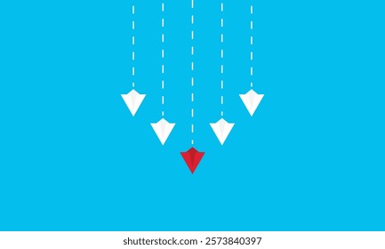 Leadership success concept paper plane fly over blue background. New idea, courage, new thinking, creative decision, think differently. Lead airplane stand out of other paper plane follower