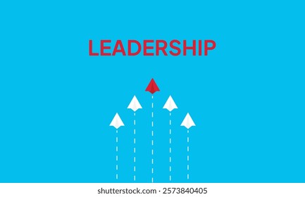 Leadership success concept paper plane fly over blue background. New idea, courage, new thinking, creative decision, think differently. Lead airplane stand out of other paper plane follower