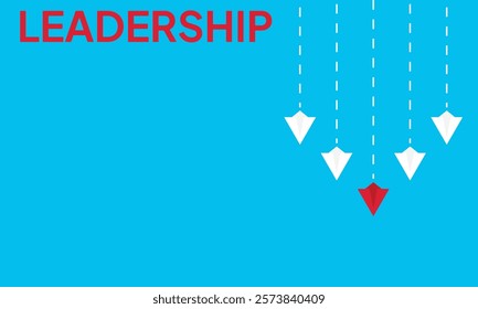 Leadership success concept paper plane fly over blue background. New idea, courage, new thinking, creative decision, think differently. Lead airplane stand out of other paper plane follower