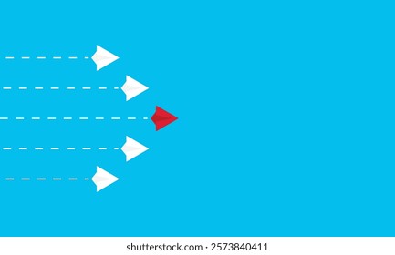 Leadership success concept paper plane fly over blue background. New idea, courage, new thinking, creative decision, think differently. Lead airplane stand out of other paper plane follower