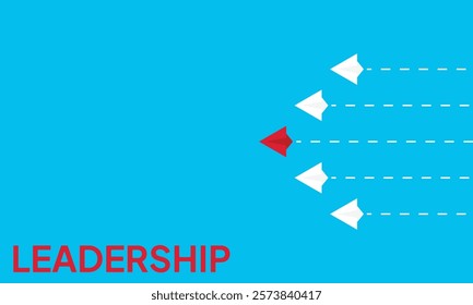 Leadership success concept paper plane fly over blue background. New idea, courage, new thinking, creative decision, think differently. Lead airplane stand out of other paper plane follower