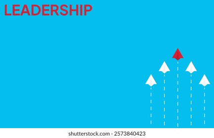 Leadership success concept paper plane fly over blue background. New idea, courage, new thinking, creative decision, think differently. Lead airplane stand out of other paper plane follower