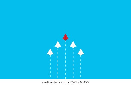 Leadership success concept paper plane fly over blue background. New idea, courage, new thinking, creative decision, think differently. Lead airplane stand out of other paper plane follower