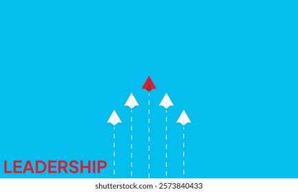 Leadership success concept paper plane fly over blue background. New idea, courage, new thinking, creative decision, think differently. Lead airplane stand out of other paper plane follower