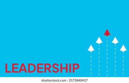 Leadership success concept paper plane fly over blue background. New idea, courage, new thinking, creative decision, think differently. Lead airplane stand out of other paper plane follower