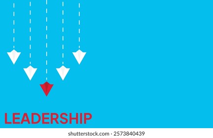 Leadership success concept paper plane fly over blue background. New idea, courage, new thinking, creative decision, think differently. Lead airplane stand out of other paper plane follower