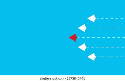 Leadership success concept paper plane fly over blue background. New idea, courage, new thinking, creative decision, think differently. Lead airplane stand out of other paper plane follower