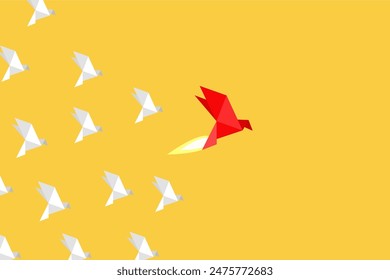 Leadership success concept red origami paper bird. Think differently, new idea, change, trend, courage, creative solution, innovation