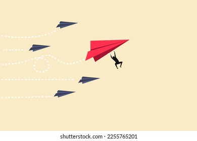 Leadership success concept red paper plane. Think differently, new idea, change, trend, courage, creative solution, innovation concept.