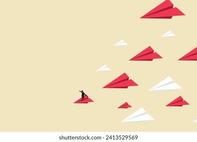 Leadership success concept red paper plane. Think differently, new idea, change, trend, courage, creative solution, innovation concept
