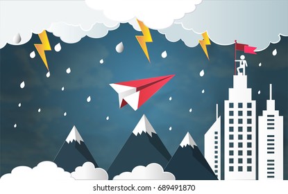 Leadership success concept, Red plane flying against bad weather and thunderbolt in storm over mountain go to architectural building with businessman on top holding flag (Vector paper art style)