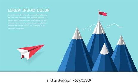 Leadership success concept, Red plane flying on sky heading to mountain with a flag on the top, Symbol of success, goal, achievements in business life (Paper art style)