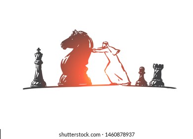 Leadership, success concept sketch. Arab in hijab pushing big chess knight on chess field. Hand drawn isolated vector illustration