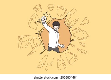 Leadership, success, innovation development concept. Young positive businessman breaking through concrete wall achieving goal vector illustration 