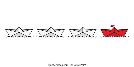 Leadership, success or target concept. Business training or team, ambition, motivation. Routes, follow the business opportunities. Cartoon paper boat, paper ship. Paper sailing boats. Folded ships 