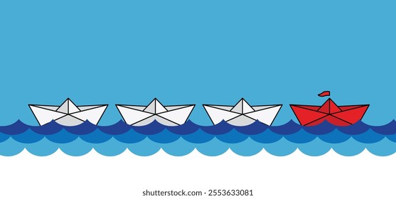 Leadership, success or target concept. Business training or team, ambition, motivation. Routes, follow the business opportunities. Cartoon paper boat, paper ship. Paper sailing boats. Folded ships 
