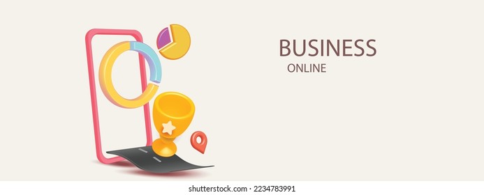 Leadership for successful business online on phone with card cup reward star concept in 3D vector render goal for business, bank, finance, investment