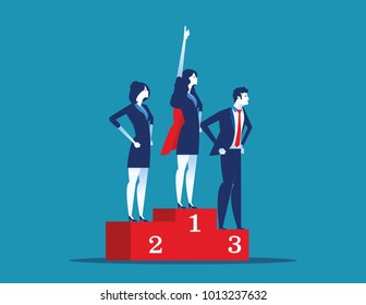 Leadership superhero standing on the winning podium. Concept business success vector illustration.