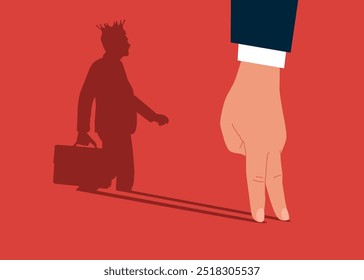 Leadership and superpower challenge. Hand human motivated for success with shadow of king in the crown. Modern vector illustration in flat style