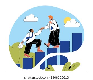 Leadership and support concept. Men in suits climb growing pillars of graph. Teamwork and partnership. Employees and workers work on common project or task. Doodle flat vector illustration