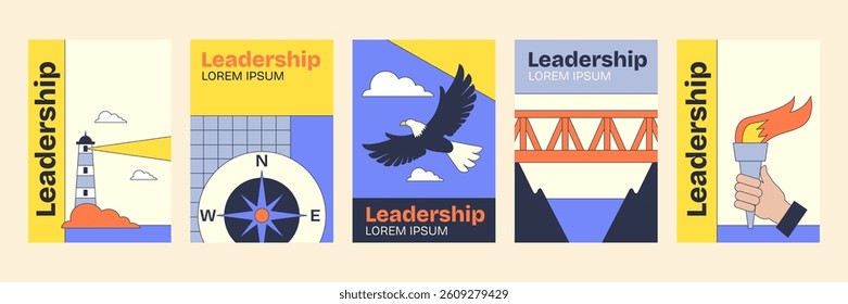 Leadership is symbolized by a lighthouse, compass, and eagle, conveying guidance and vision. Neubrutalism style.